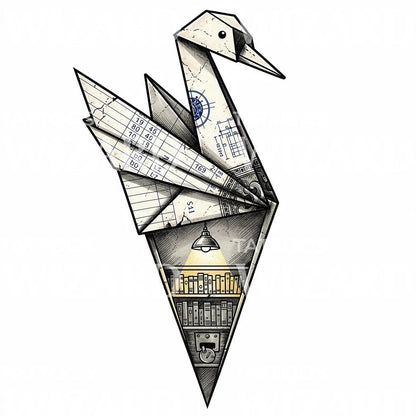 Design Tattoo Cigno Origami in Biblioteca