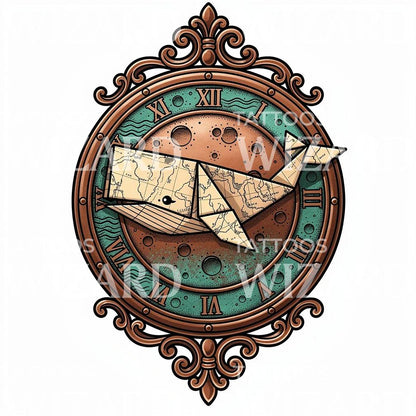 Origami Whale Clock Tattoo Illustration
