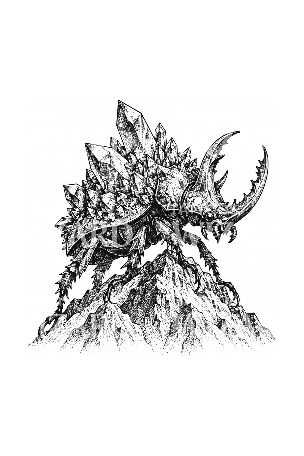 Desain Tato Dotwork Kaiju Kumbang Kristal di Gunung Orisinal