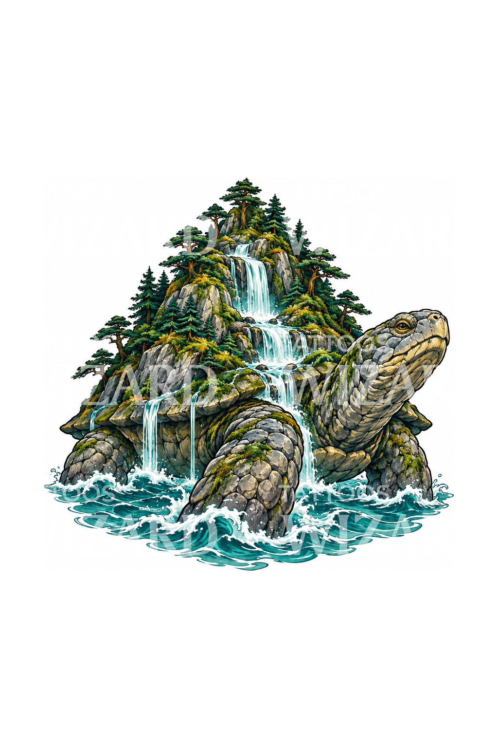 Originales Tattoo-Design mit Waldinsel-Schildkröten-Kaiju und Wasserfall