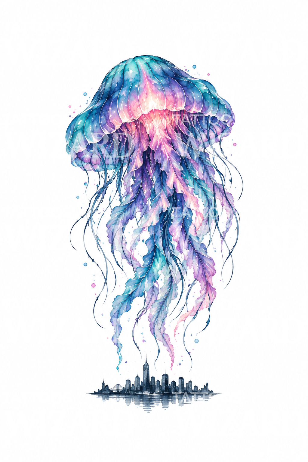 Kaiju celeste medusa originale sopra la città, tatuaggio ad acquerello