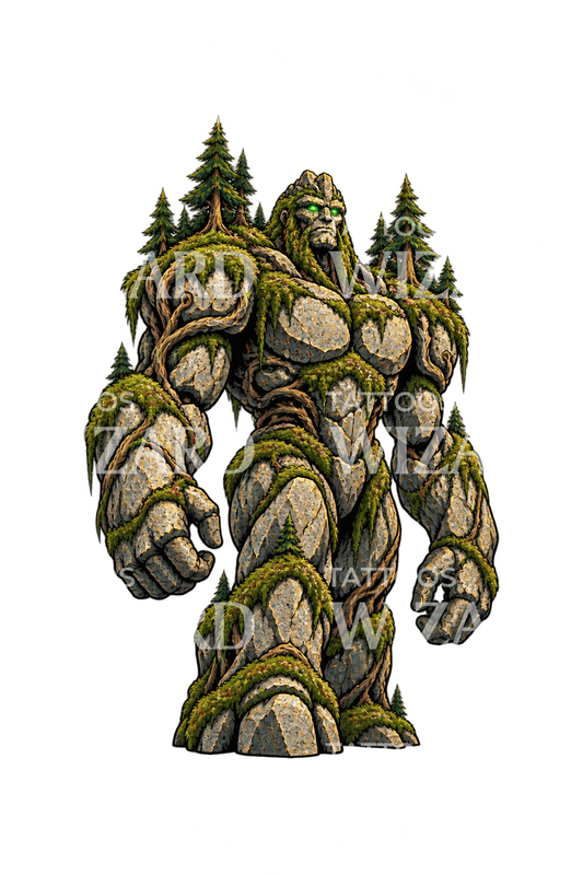 Origineel tatoeageontwerp van een mosstenen golem-kaiju