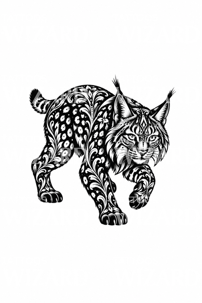 Ornamentální blackwork rys v loveckém postoji, tetovací návrh