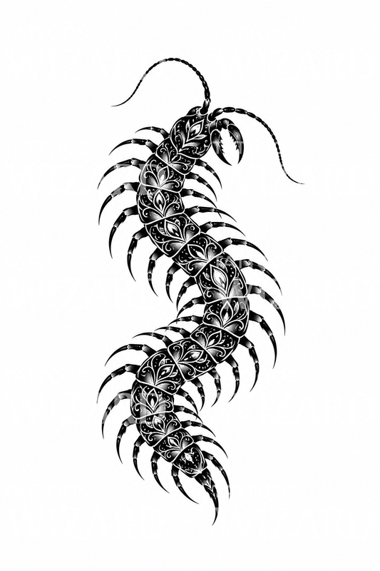 Tatuaggio centopiedi ornamentale in blackwork