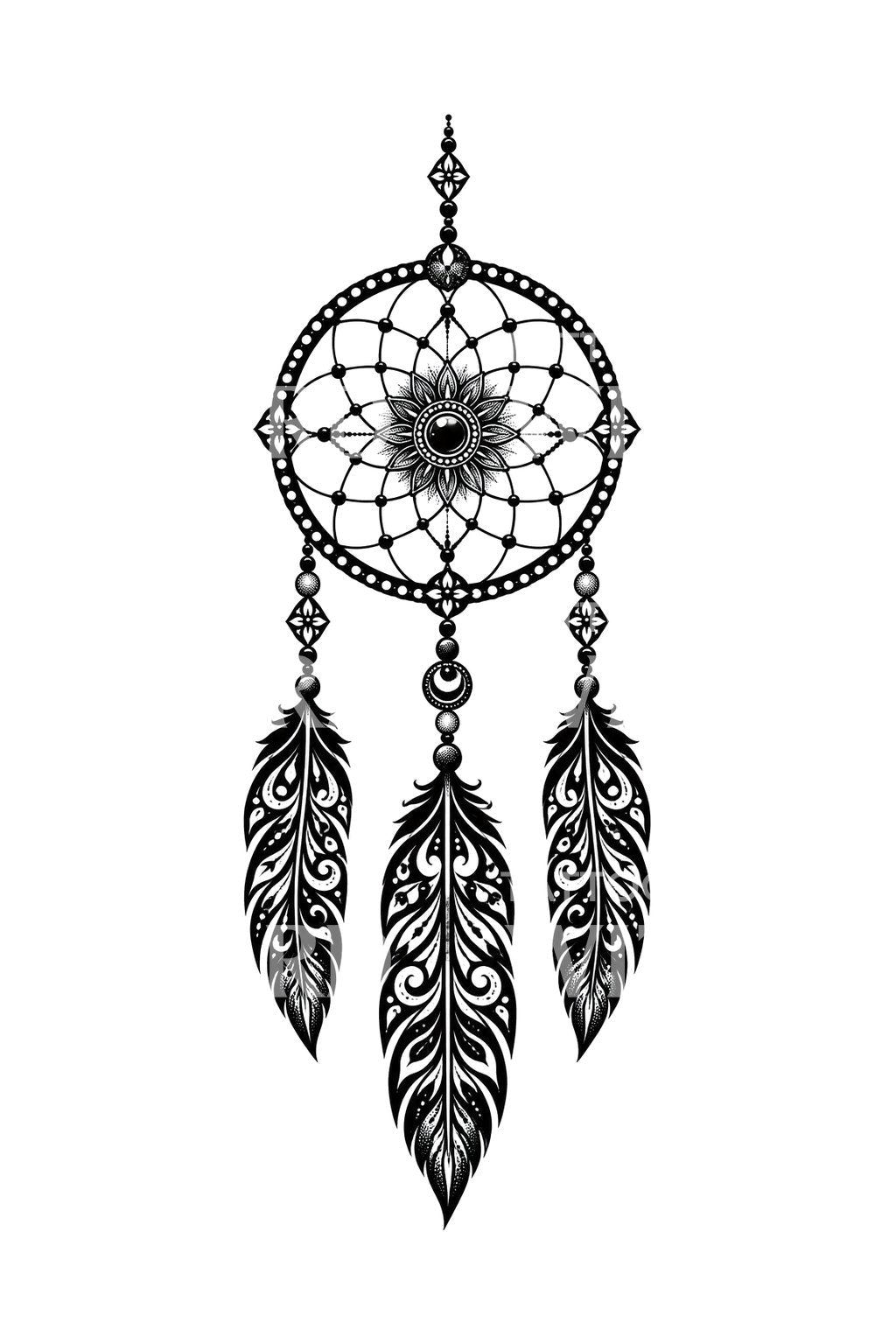 Ornamentální blackwork tetování lapače snů s peřím