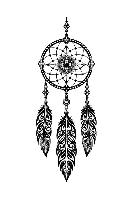 Ornamentalt blackwork-tatoveringsdesign med fjerdrømmefanger