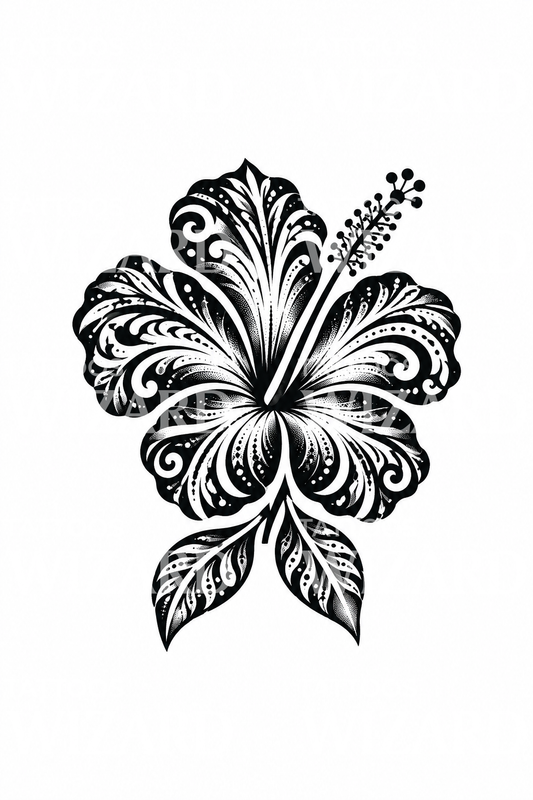 Ornamentalny tatuaż hibiskusa w stylu blackwork