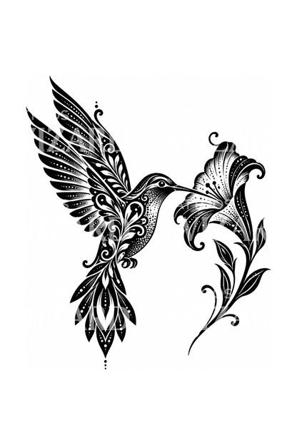 Koristeellinen blackwork-kolibritatuointimalli