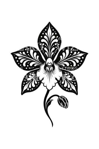 Ornamental Blackwork Orchid Bloom Tattoo Idea