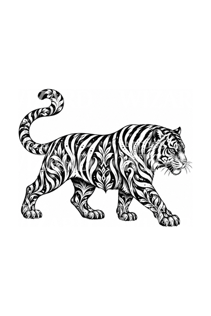 Ornamentális blackwork sétáló tigris tetoválásminta