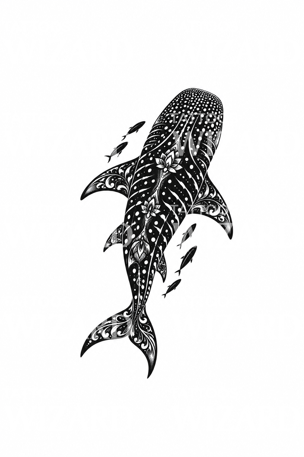 Diseño de tatuaje ornamental de tiburón ballena en blackwork