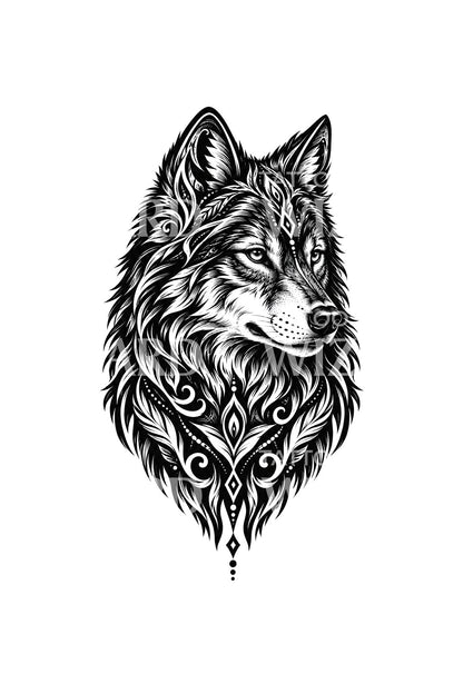 Διακοσμημένο κεφάλι λύκου σε blackwork, σχέδιο τατουάζ