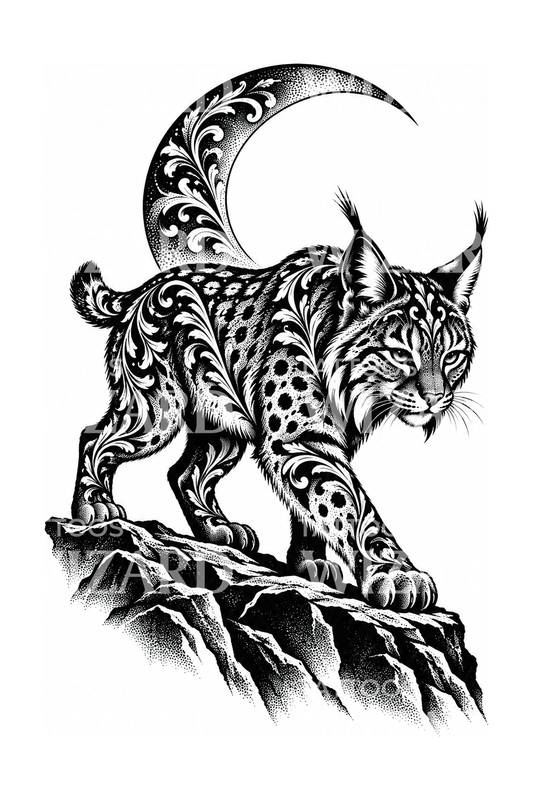 Motif de tatouage ornemental de lynx sous un croissant de lune