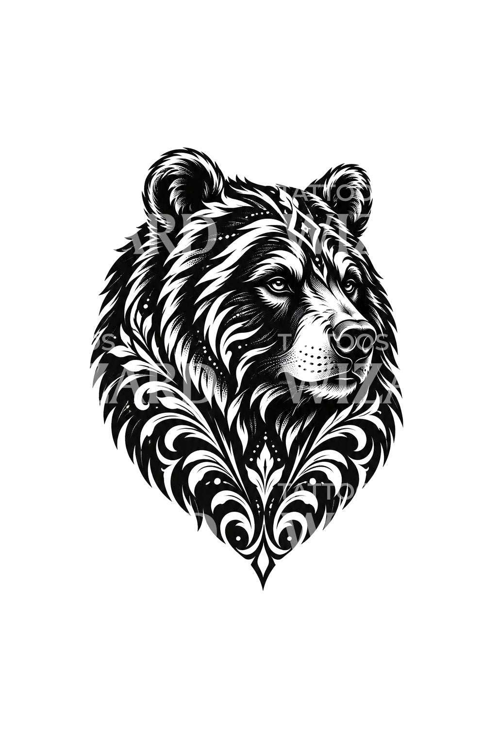 Tatuagem ornamental de cabeça de urso esculpida em blackwork