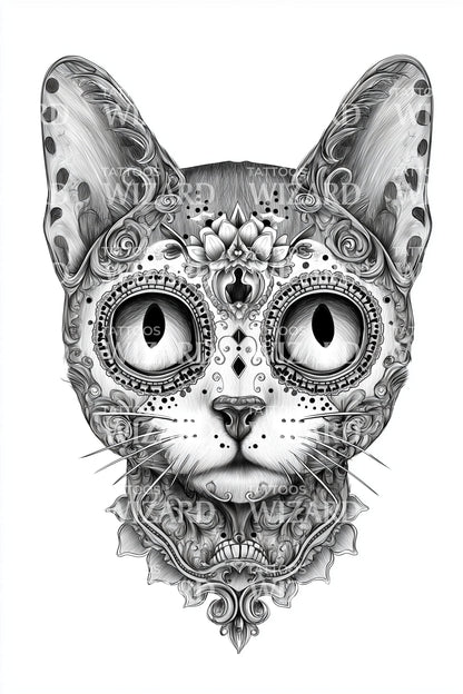 Ornamental Cat Head Tattoo Illustration
