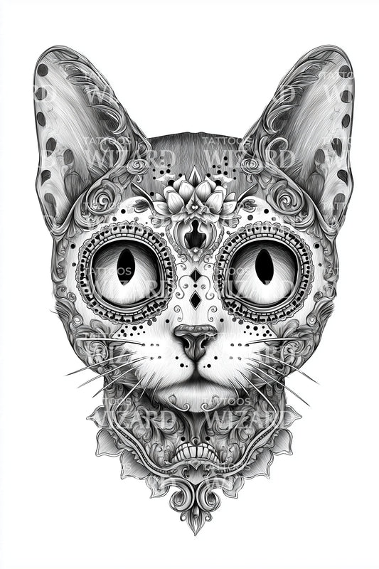Ornamental Cat Head Tattoo Illustration