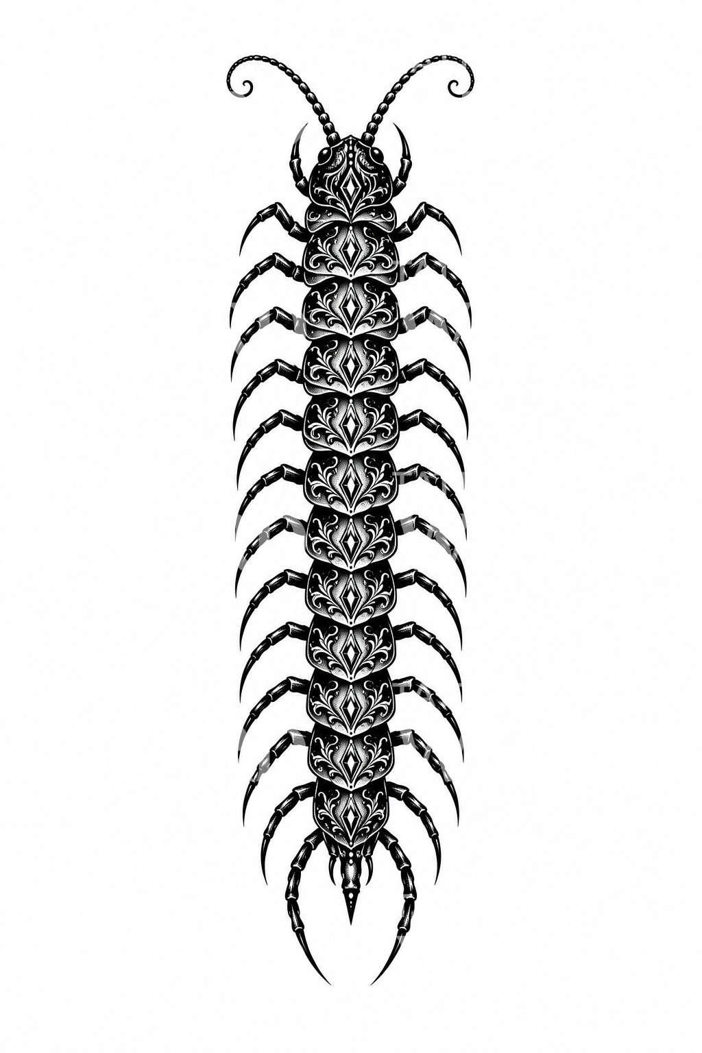 Ornamental Centipede Vertical Tattoo Design
