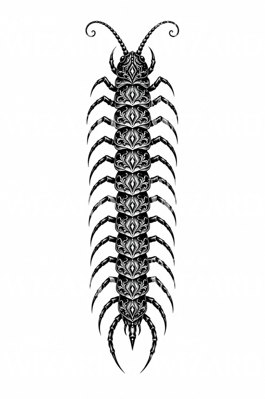 Diseño de tatuaje vertical ornamental de ciempiés