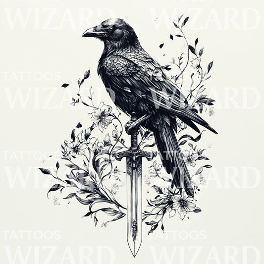 Ornamental Crow and Sword Tattoo Idea with Floral Accents