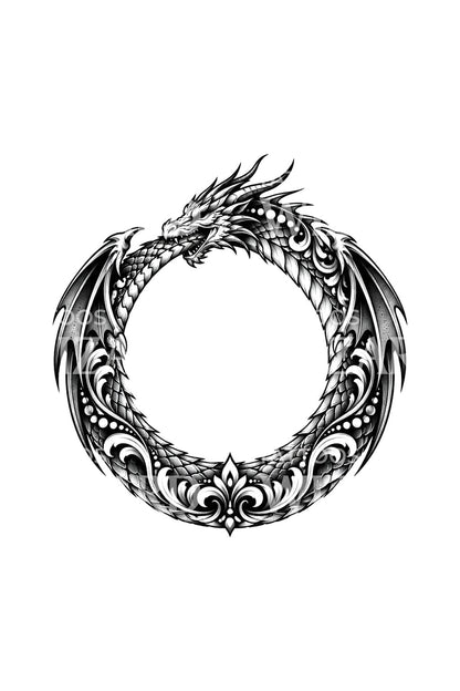 オーナメンタルなドラゴン・ウロボロスの円形タトゥーデザイン
