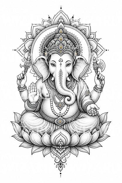 Ornamental Ganesha Dotwork Tattoo Design