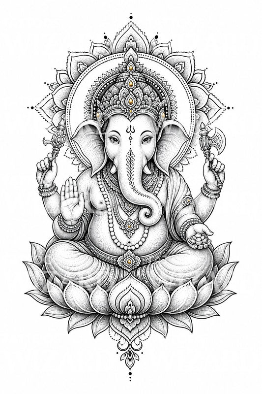 Ornamental Ganeşa dotwork dövme tasarımı