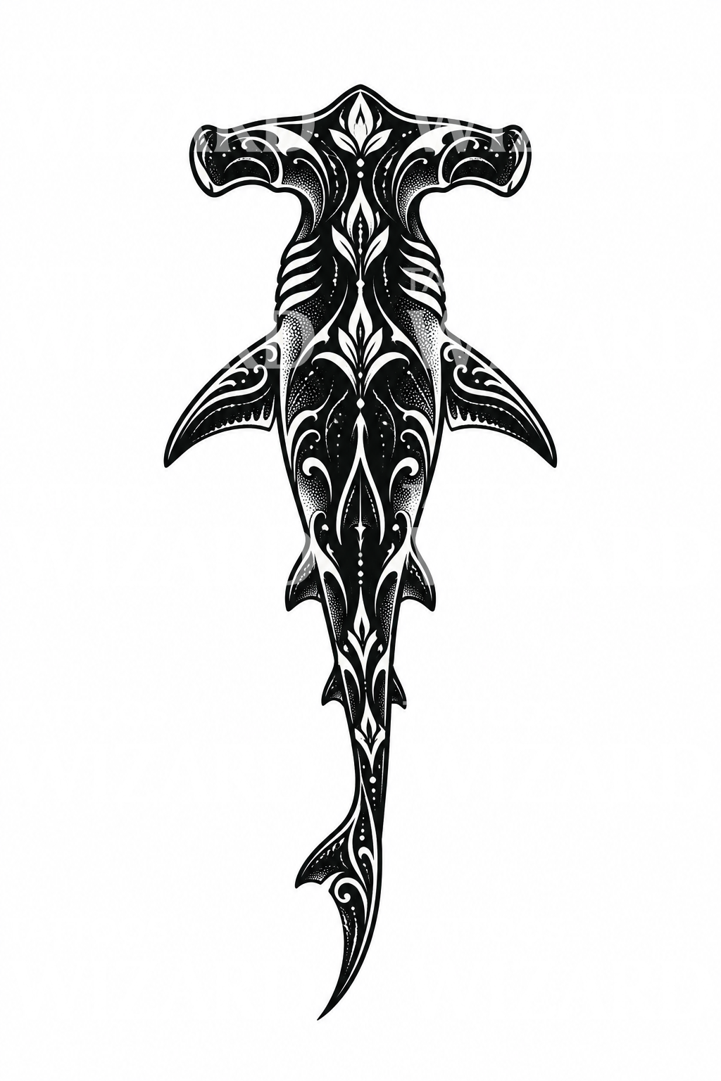 Tatuaje ornamental de tiburón martillo en blackwork