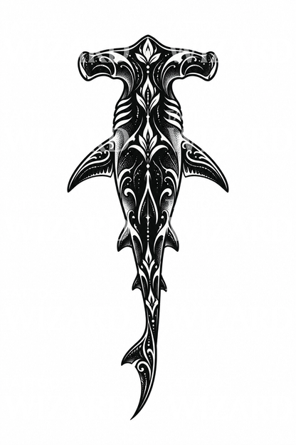 Tatuaje ornamental de tiburón martillo en blackwork