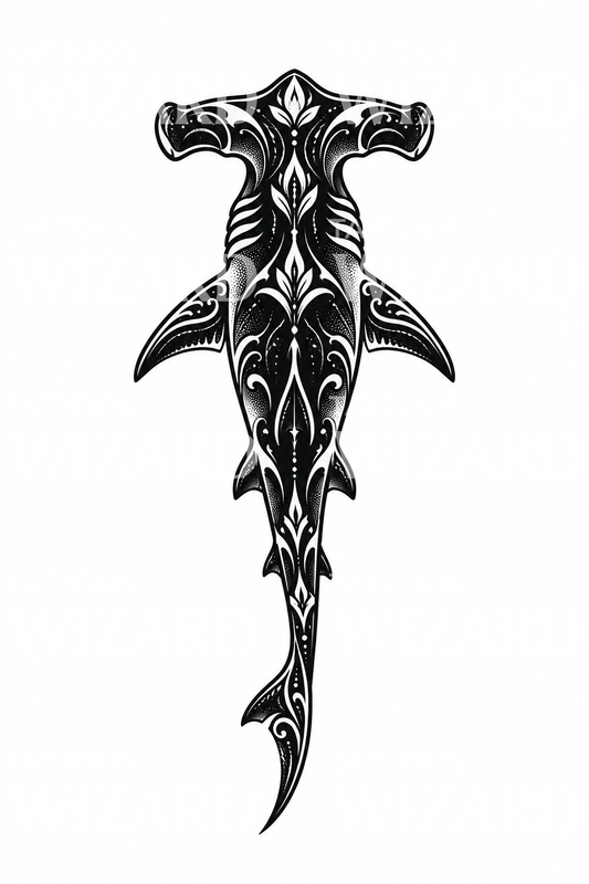 Ornamentales Blackwork-Tattoo mit Hammerhai