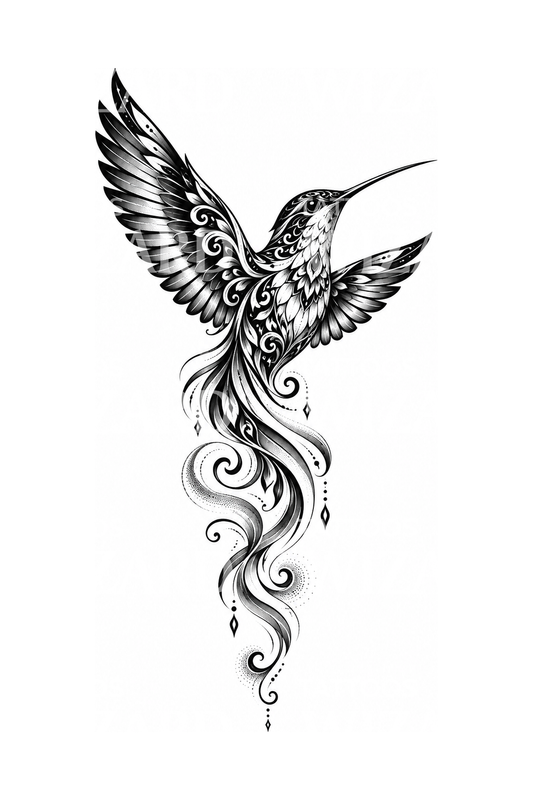 Ornamental Hummingbird Swirl Tail Tattoo Design