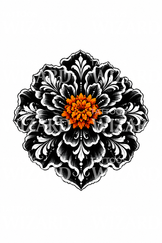 Ornamentisk blackwork-tatuering med tagetes