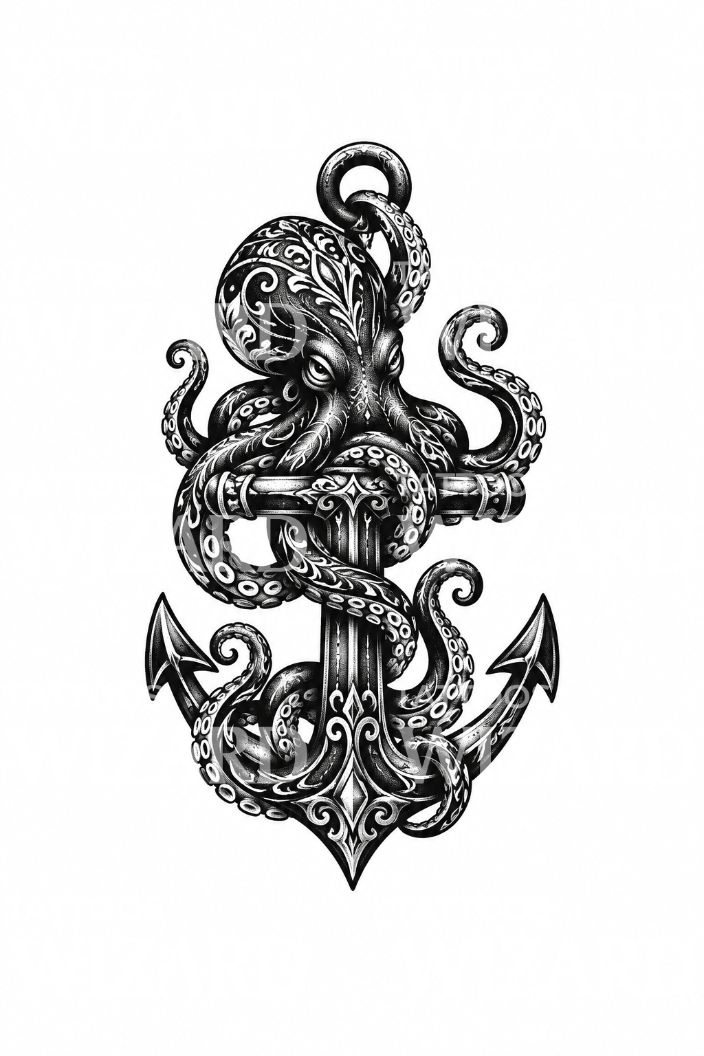 Diseño de tatuaje ornamental de pulpo sobre un ancla