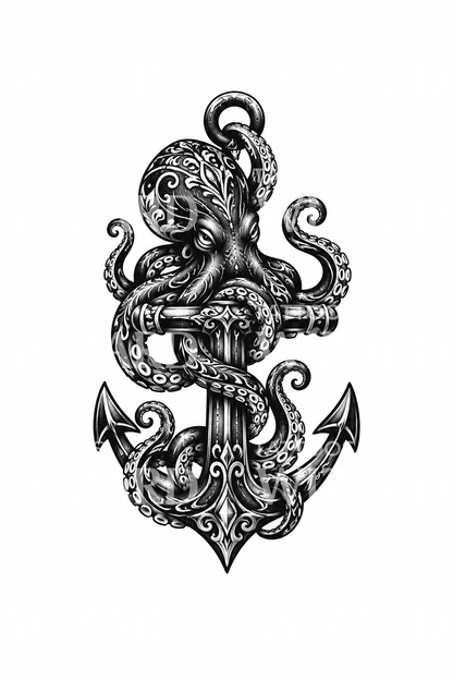 Diseño de tatuaje ornamental de pulpo sobre un ancla