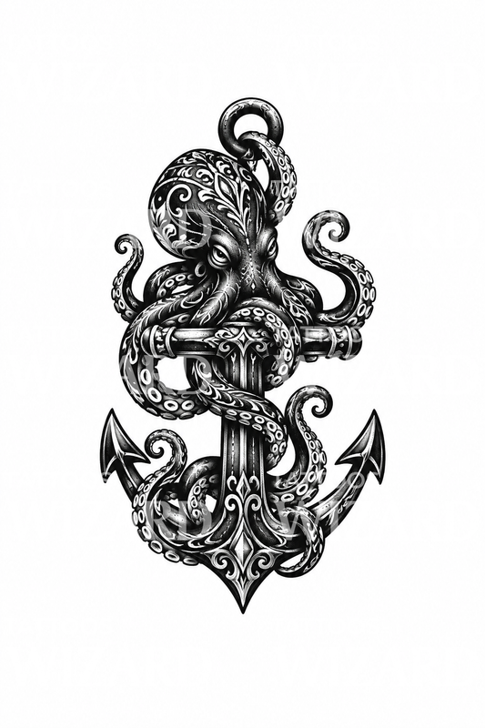 Ornamental Octopus on Anchor Tattoo Design