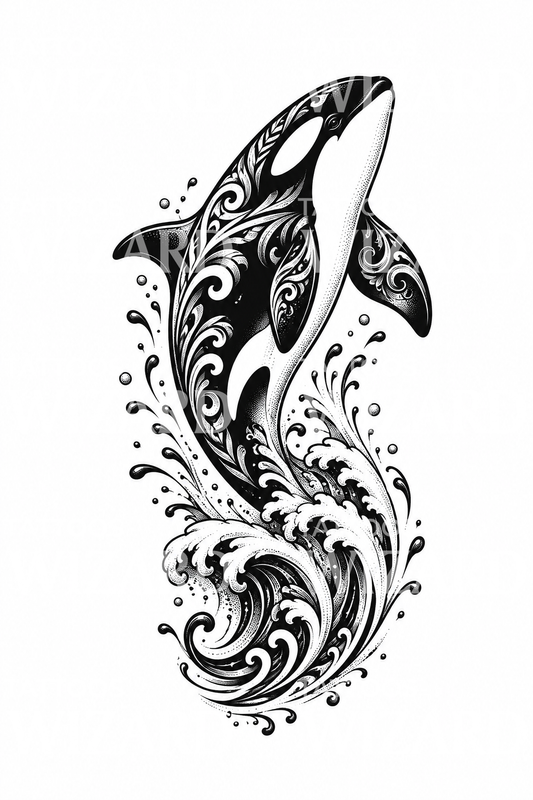 Ornamental Orca Breaching Wave Tattoo Design