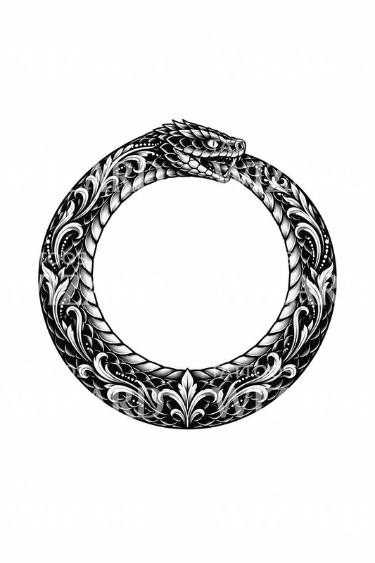 Tatouage Ouroboros ornemental en blackwork