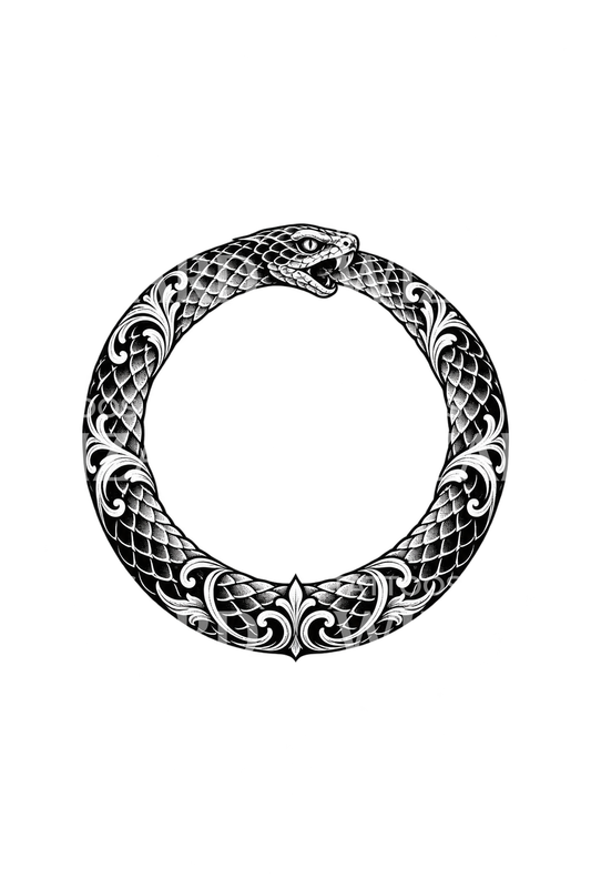 Koristeellinen ouroboros-käärme blackwork-tyyliin