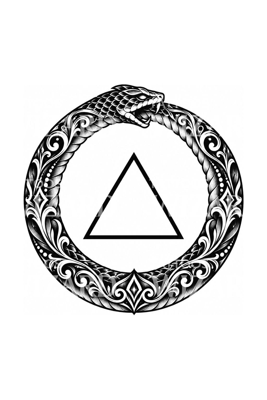 Idea de tatuaje blackwork de ouroboros ornamental con triángulo