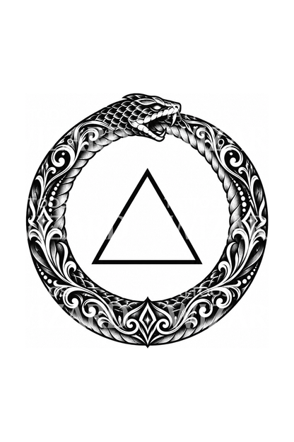 Idea de tatuaje blackwork de ouroboros ornamental con triángulo