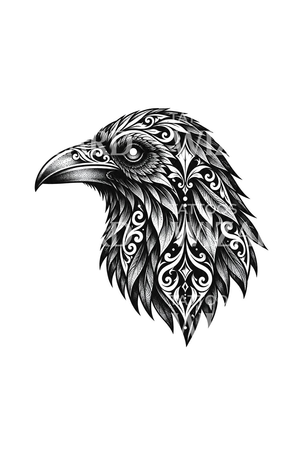 Ornamental Raven Head Blackwork Tattoo Design