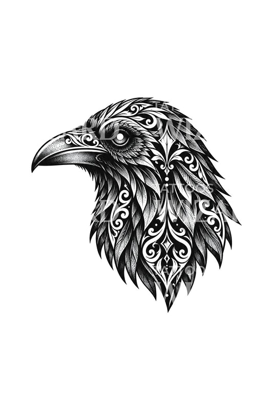 Koristeellinen korpinpää blackwork-tatuointimalli