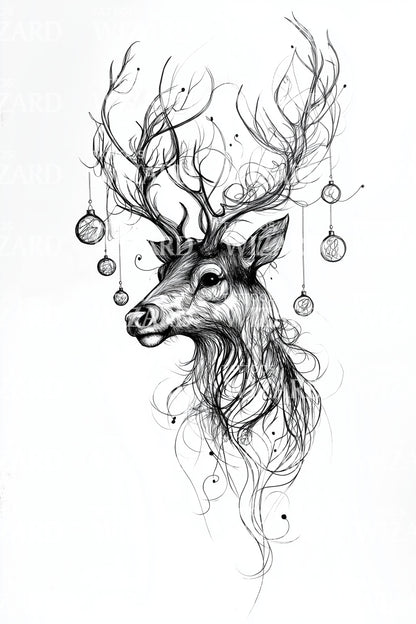 Ornamental Reindeer Portrait Tattoo Illustration