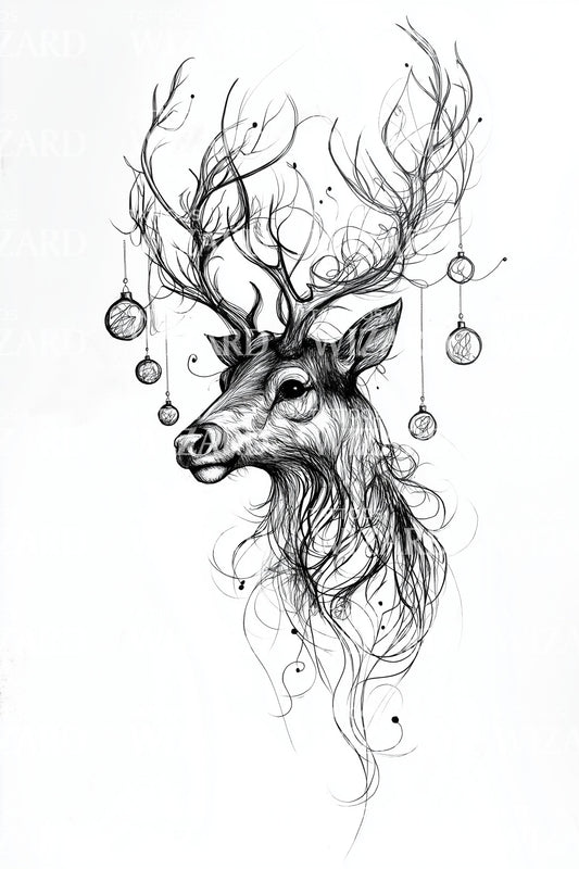 Ornamental Reindeer Portrait Tattoo Illustration