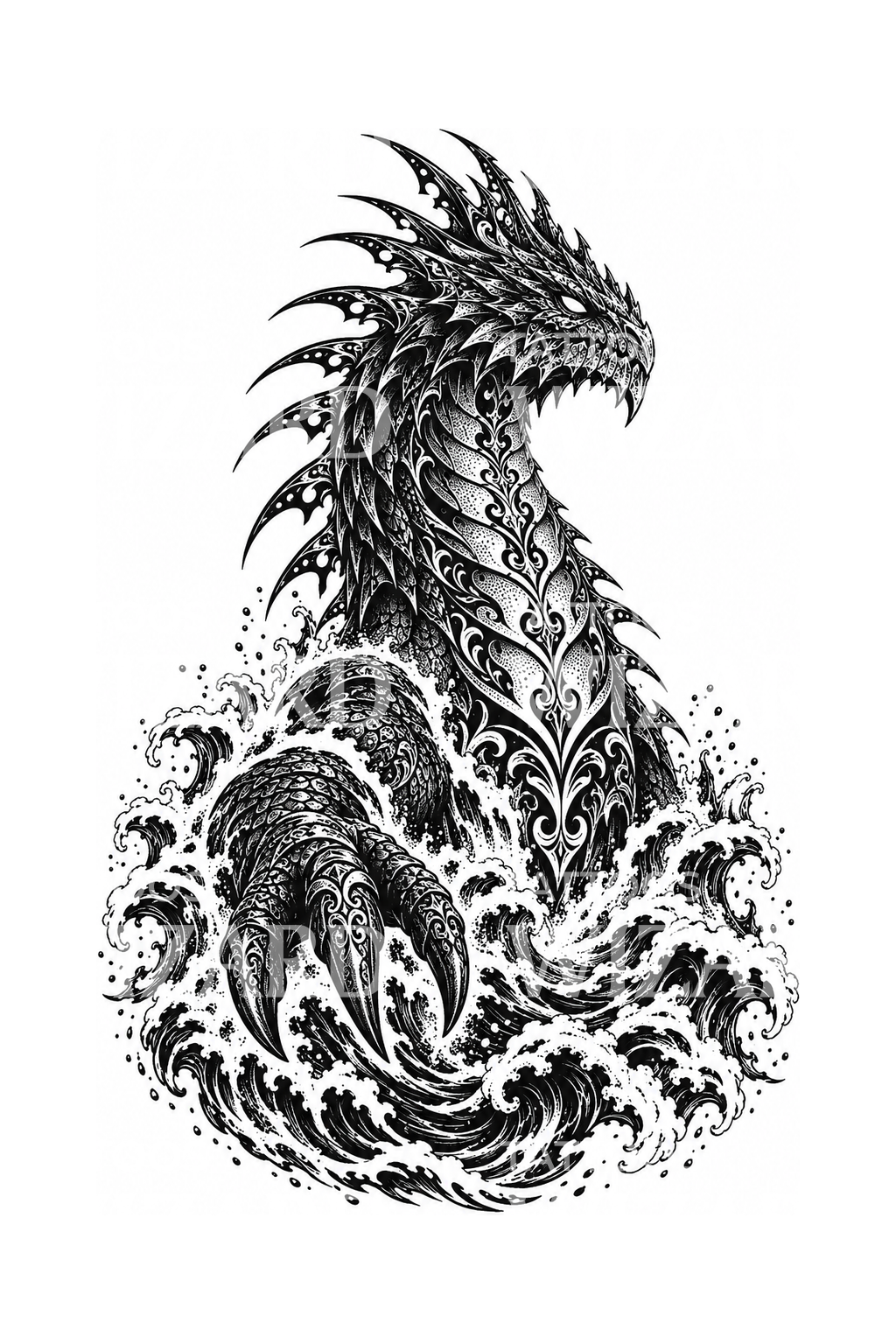 Design per tatuaggio ornamentale di un kaiju marino emergente