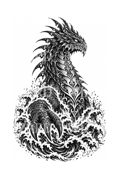 Design per tatuaggio ornamentale di un kaiju marino emergente