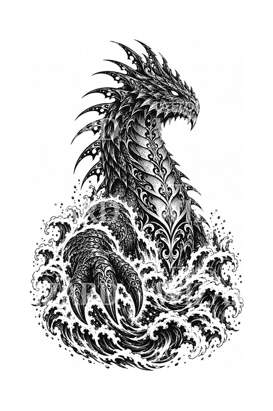 Felemelkedő díszes tengeri kaiju tetoválásmintája