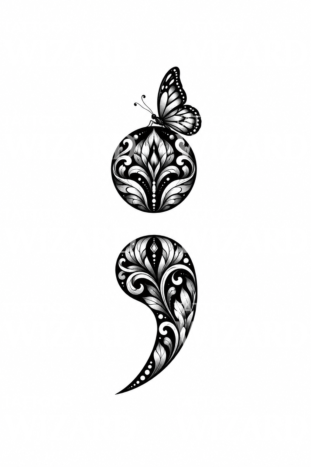 Ornamentální středník s motýlem v blackworku