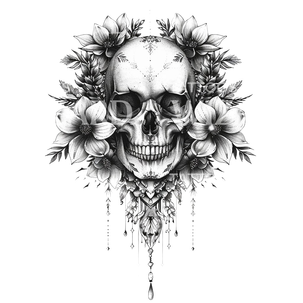 Ornamentales Totenkopf und Blumen Tattoo Design
