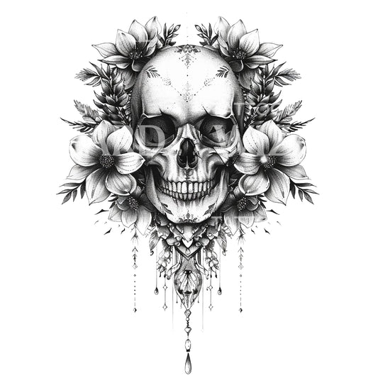 Ornamental Skull and Flowers Tattoo Design