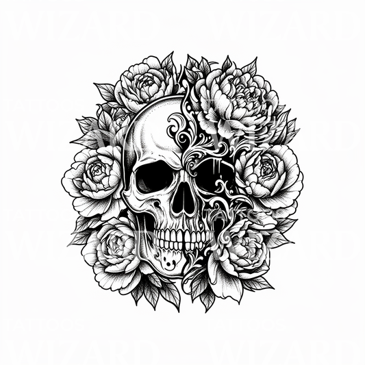 Tatuaje ornamental de calavera y rosa